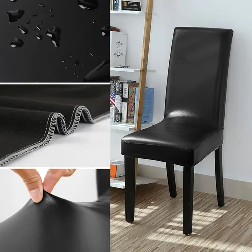 Miniatura 4 de YISUN Fundas para sillas de comedor, cuero sintético macizo, impermeable y resistente al aceite, elásticas, protectoras (negro, paquete de 4)