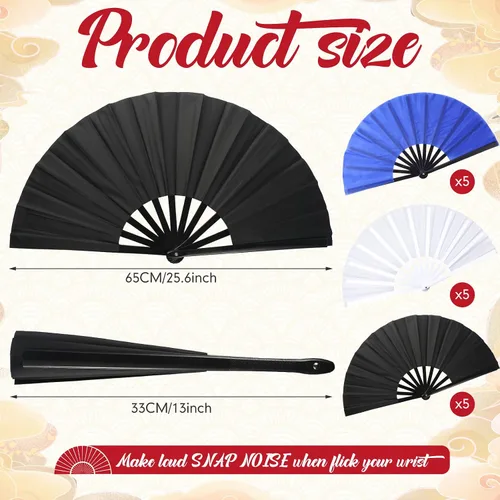 Miniatura 2 de Beeveer 15 ventiladores de mano plegables grandes para baile de línea, chino Kung Fu Tai Chi Clap Raves fanáticos para hombres y mujeres festivales