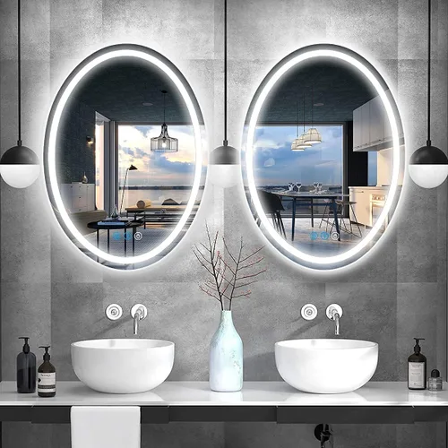 Miniatura 7 de Espejo de baño ovalado LED de 32 x 24 pulgadas con luces, memoria inteligente, 3 colores regulables, luz frontal, antiniebla, inastillable, vidrio
