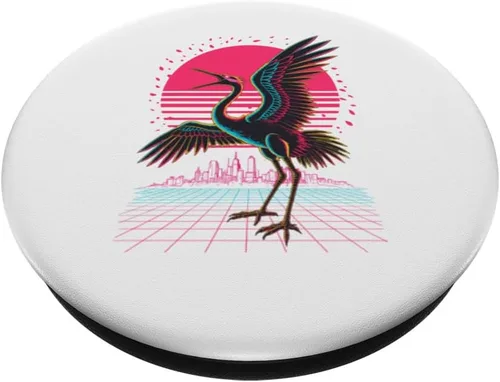 Miniatura 2 de Retro Synthwave Kaiju Monster Whooping Crane City Cranes PopSockets Adhesive PopGrip