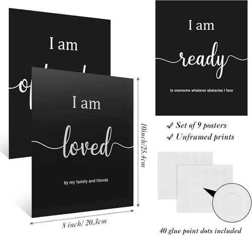 Miniatura 2 de Outus 9 Piezas Arte de Pared Inspirador Motivacional para Oficina y Dormitorio, Afirmaciones Diarias Positivas para Hombres, Mujeres y Niños, Negro