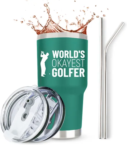 Miniatura 10 de Regalos de golf para hombres Worlds Okayest Golfista Taza de viaje de acero inoxidable con 2 tapas y 2 popotes y caja de regalo Idea única
