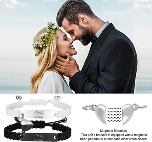 Miniatura 3 de XUANPAI Juego de pulseras de identificación trenzadas hechas a mano con cuerda grabada para parejas, regalo personalizado de aniversario para él