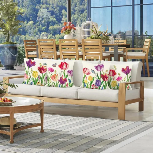 Miniatura 2 de Bonhause Juego de 4 fundas decorativas para cojín de 18 x 18 pulgadas con diseño de tulipanes y flores de jardín para exteriores, para patio, sofá