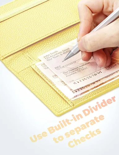 Miniatura 95 de Yarnic Funda para chequera personal, soporte para chequera con soporte para bolígrafo y divisor de plástico transparente integrado para cheques Rosa