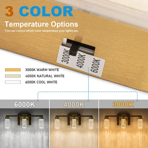 Miniatura 3 de SineRise Lámpara de tocador dorada de 3 luces con 3 modos de color (3000K/4000K/6000K), Accesorio de luz LED para baño con protección ocular, Luz