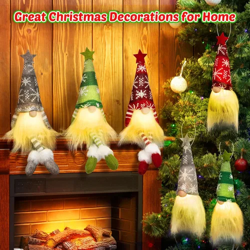 Miniatura 6 de Paquete de 6 adornos navideños de gnomo, gnomos suecos hechos a mano iluminados Tomte de peluche con luces, elfo de Papá Noel festivo, regalo