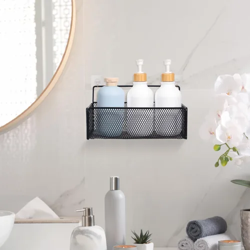 Miniatura 9 de OSALADI Estante de almacenamiento de malla montado en la pared de 10.23 x 5.90 x 5.11 pulgadas, estante de alambre negro para baño, cocina