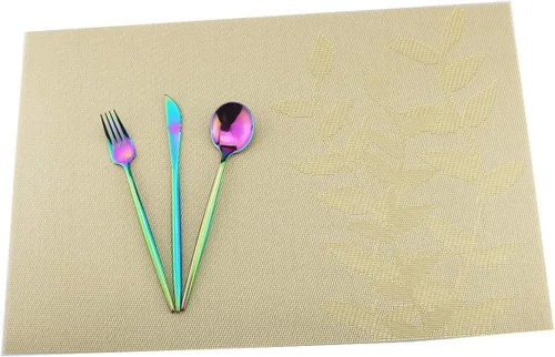 Miniatura 6 de Juego de 6 manteles individuales de vinilo dorado con diseño floral resistente al calor para mesa de comedor, interiores y exteriores, tejido