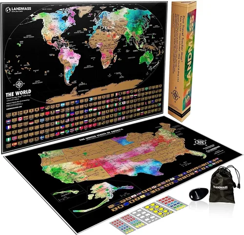 Miniatura 11 de Landmass Mapa del mundo para rascar, rastreador de viaje de lujo con banderas, cartografía detallada, idea de regalo para viajeros, arte de pared