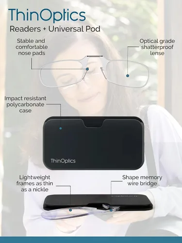 Miniatura 4 de ThinOptics Universal Pod - Lentes de lectura rectangulares con funda para teléfono