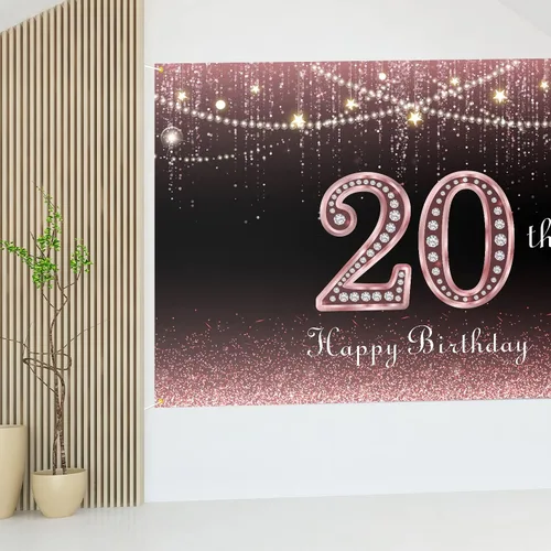 Miniatura 7 de HAMIGAR Fondo de pancarta de feliz cumpleaños 20 de 6 x 4 pies, decoraciones de cumpleaños de 20 años, suministros de fiesta para mujeres, oro rosa