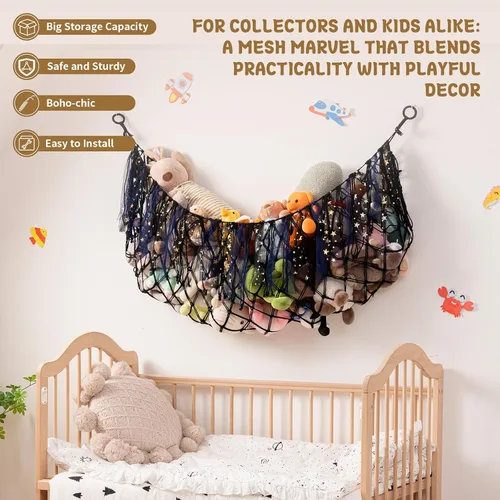 Miniatura 5 de Hamaca grande para animales de peluche, red para colgar en la pared de 59 pulgadas de largo para almacenamiento de animales de peluche, hamaca