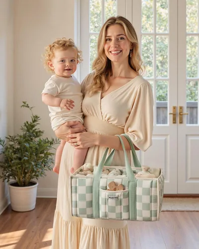 Miniatura 7 de Blissful Diary Organizador de pañales a cuadros, elegante cesta de almacenamiento para guardería, regalo para baby shower, artículos esenciales