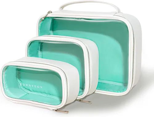 ROWNYEON Juego organizador de cosméticos de alta calidad, bolsas de almacenamiento de PVC transparente y piel sintética con forro azul en tono joya,