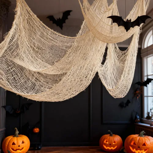 Miniatura 7 de Qtisky Juego de 5 telas de gasa espeluznante de Halloween, tapiz de gasa de Halloween beige para interiores y exteriores, decoraciones espeluznantes