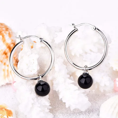 Miniatura 3 de JO WISDOM Pendientes de aro de plata de ley 925 con perlas simuladas de Danlge (blanconegro)