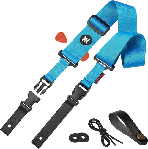 Miniatura 12 de Amumu Correa de nailon SNAPLOCK para guitarra con hebilla de clip para acústico, eléctrico, bajo con bloques de correa y corbata de cabeza, Verde