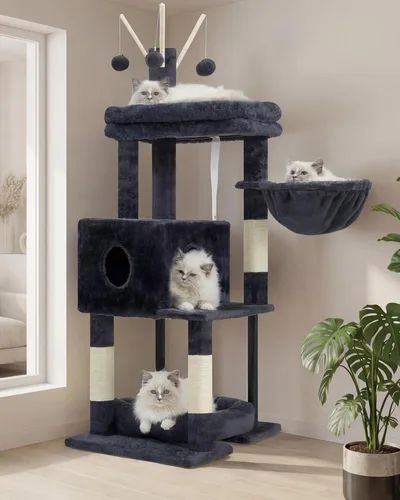 Miniatura 12 de Heybly Árbol de Gato con Cepillo Auto-Limpieza, Torre de Gato para Interior con Nido Acolchado, Casa de Gato con Cesta, Tabla de Rascar y Poste