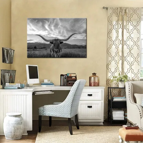 Miniatura 2 de KREATIVE ARTS Lienzo de animales de Texas en blanco y negro, arte de pared, ganado de las tierras altas con cuernos largos, imagen de cuerno largo