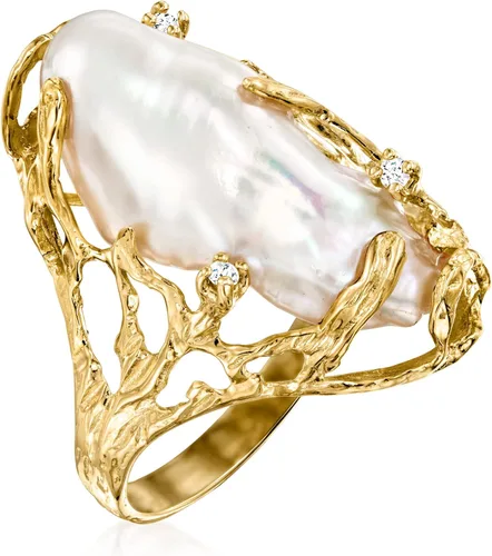 Miniatura 3 de Ross-Simons Anillo de perlas barrocas cultivadas de 0.394 x 0.945in con detalles de diamantes en oro amarillo de 14 quilates, Perla, multi