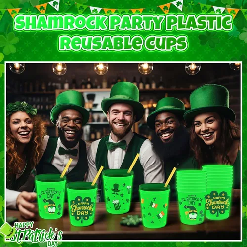 Miniatura 5 de Juego de 24 vasos de plástico esmerilado de 16 onzas que brillan en la oscuridad, vaso verde reutilizable con tréboles, tréboles, duendes, sombrero
