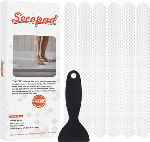 Miniatura 19 de Secopad Calcomanías de ducha antideslizantes originales para bañera y ducha, tiras de seguridad adhesivas fuertes con raspador, ideal para familias