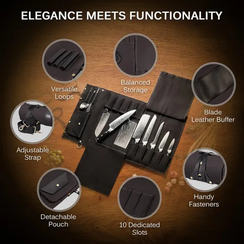 Miniatura 3 de KYOKU Bolsa enrollable para cuchillos de chef, cuchillo de cocina y soporte para utensilios con 10 ranuras, 3 soportes para cubiertos para juego