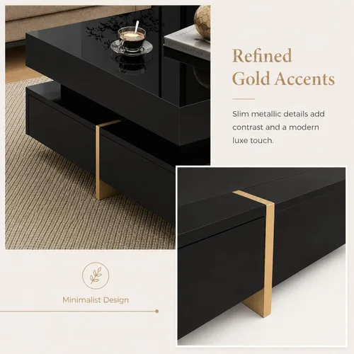 Miniatura 6 de Mesa de centro moderna con almacenamiento, mesa de centro cuadrada contemporánea con cajones, mesa central moderna de alto brillo para sala de Negro