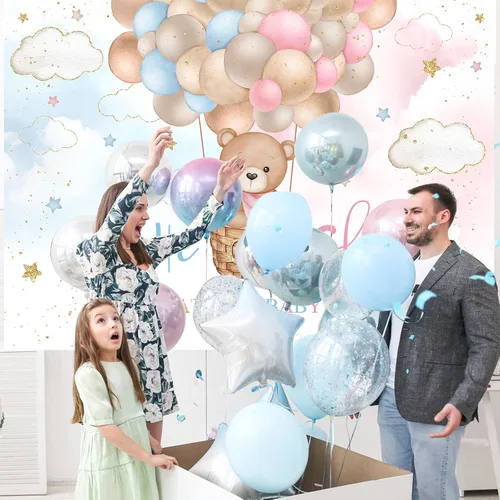 Miniatura 6 de Mocsicka Fondo de globo aerostático de oso rosa o azul, oso rosa o azul, para revelar el género, We Can Bearly Wait Gender Reveal Party Cake Table
