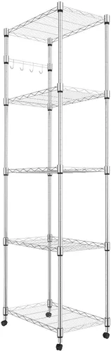 Homdox Estantería de alambre de acero de 5 niveles con ruedas, estantes cromados para garaje, cocina, sala de estar, estante de estantería Plata