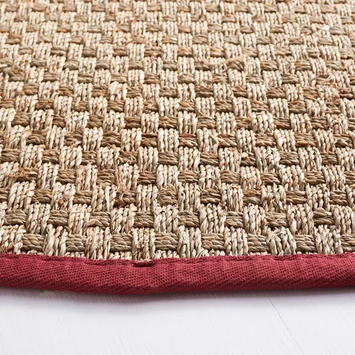 Miniatura 4 de SAFAVIEH Alfombra redonda de 6 pies, colección de fibra natural, natural y rojo, hierba marina, patrón de tejido de canasta con borde (NF114D)