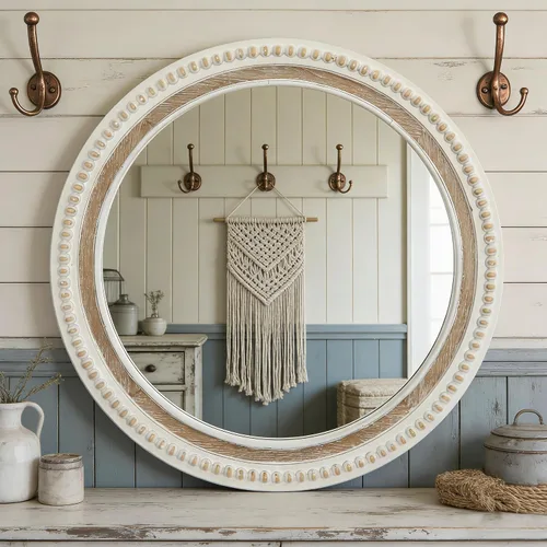 Miniatura 3 de Espejo de pared redondo de 24 pulgadas, espejo bohemio con cuentas de madera blanca envejecida, espejo decorativo de granja para dormitorio, sala