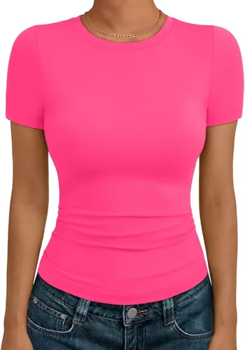 Miniatura 31 de AUTOMET - Camisetas básicas de manga corta para mujer, para verano, entrenamiento o gimnasio, con cuello redondo, ropa moderna estilo Y2K
