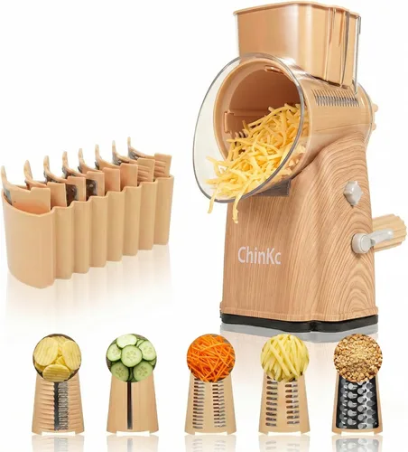 Miniatura 10 de Rallador rotativo de queso mejorado con asa, base de succión fuerte, rebanador giratorio multiusos con 5 cuchillas intercambiables para hielo, Verde