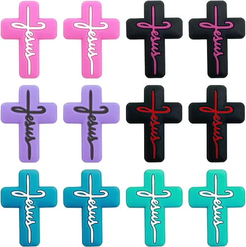 12 cuentas de cruz de silicona, cuentas focales, mezcla de colores, cuentas focales en forma de cruz para bolígrafos, llavero, hacer pulseras,