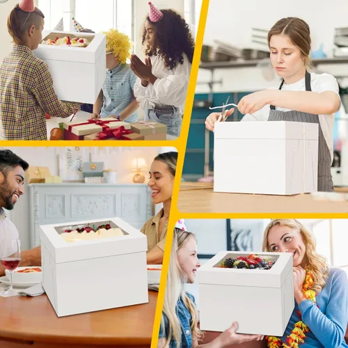 Miniatura 7 de WINKIO Paquete de 4 cajas para pasteles, contenedor desechable de transporte de pasteles, cajas blancas para panadería con ventana grande