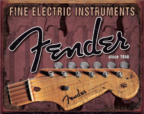Desperate Enterprises Fender - Letrero de hojalata para cabezal, decoración nostálgica de metal vintage, fabricado en Estados Unidos