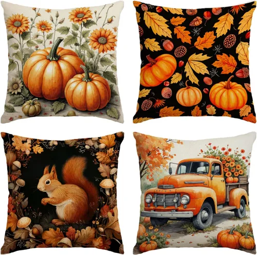 Miniatura 10 de Juego de 4 fundas de almohada de otoño de 12 x 12 pulgadas, fundas de almohada de calabazas de Acción de Gracias, fundas de cojín decorativas