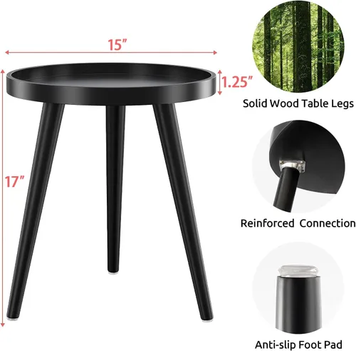 Miniatura 2 de Apicizon Mesa auxiliar redonda negra, bandeja para sofá, mesa auxiliar para sala de estar, dormitorio, espacios pequeños, mesa de noche de fácil