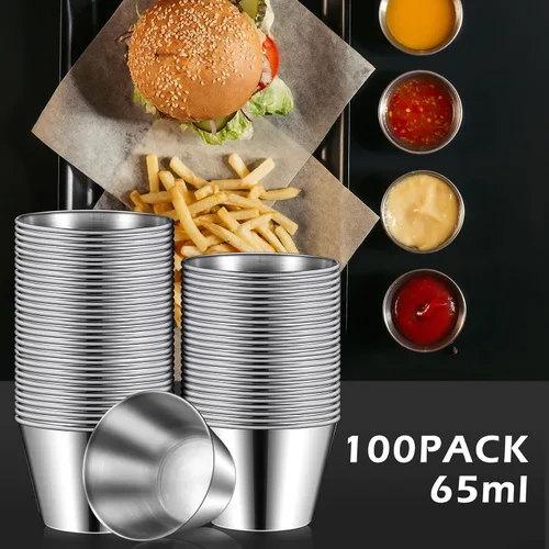 Miniatura 3 de Mimorou 100 moldes de metal de 2.5 onzas para salsa de acero inoxidable, recipientes de salsa a granel, cuencos redondos, tazones de condimento
