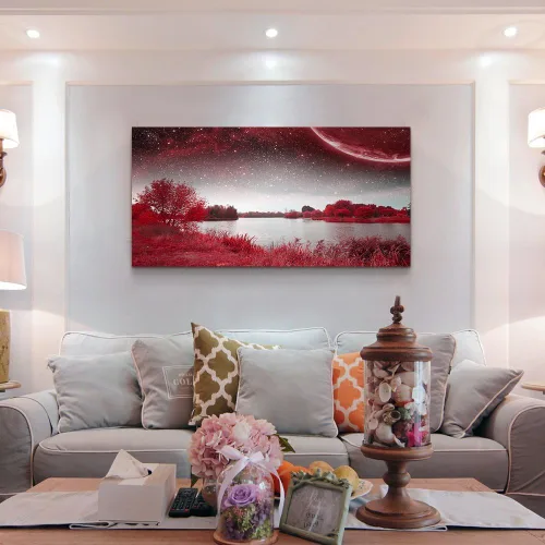 Miniatura 3 de Arte de pared para sala de estar, lagos rojos y árboles bajo el cielo estrellado, pintura de paisaje rojo, decoración de pared para oficina, 20 x 40