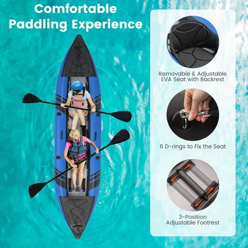 Miniatura 3 de GYMAX Kayak inflable, kayak tándem de 12.5 pies y 507 libras con 2 remos de aluminio, 2 asientos acolchados, reposapiés, 2 aletas, bomba de mano