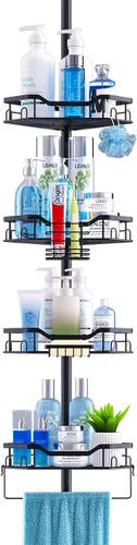 Esquina esquinera para ducha, 4 niveles ajustables de 48 a 115 pulgadas, ajustable, a prueba de óxido, poste de tensión, estante de baño de pie con