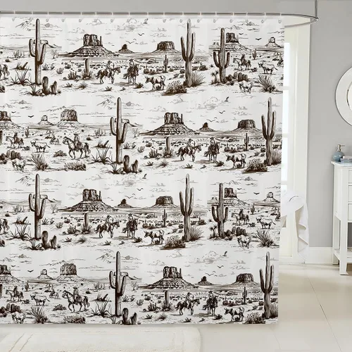 Miniatura 10 de Cortinas de ducha de vaquero occidental, cortinas de baño rústicas para niños, niñas y hombres, cortinas impermeables retro de estilo rústico con 12