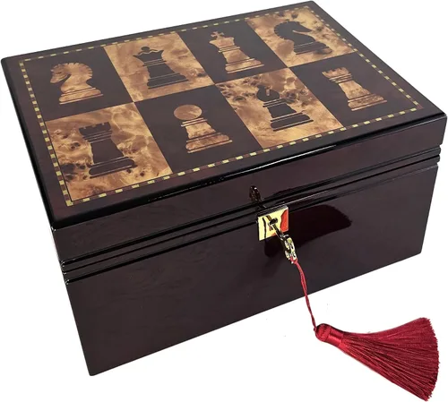 HPL Caja de almacenamiento grande de ajedrez con bloqueo de color cereza y madera de Burlwood para hombres de hasta 4 3/4 pulgadas