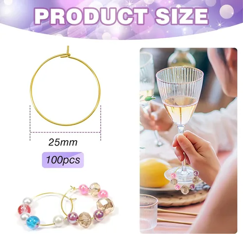 Miniatura 2 de TOAOB - 100 anillos encantadores de copa de vino de 0.98 pulgadas (0.984 in), aretes abiertos de oro con cuentas