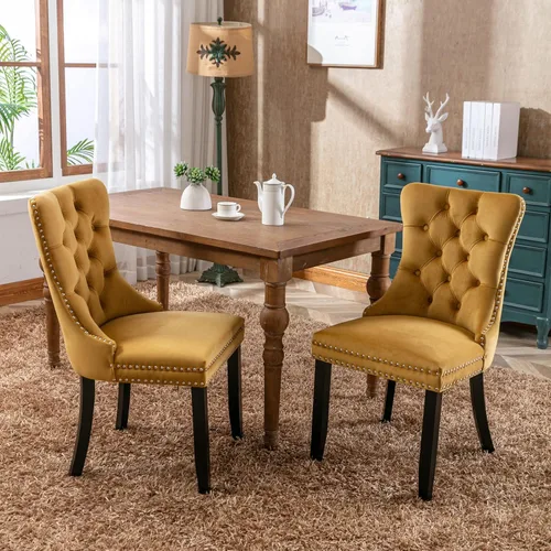 Miniatura 17 de Merax Juego de 2 sillas de comedor de terciopelo tapizadas de alta gama con anillo trasero de clavo, patas de madera maciza, asiento de espuma