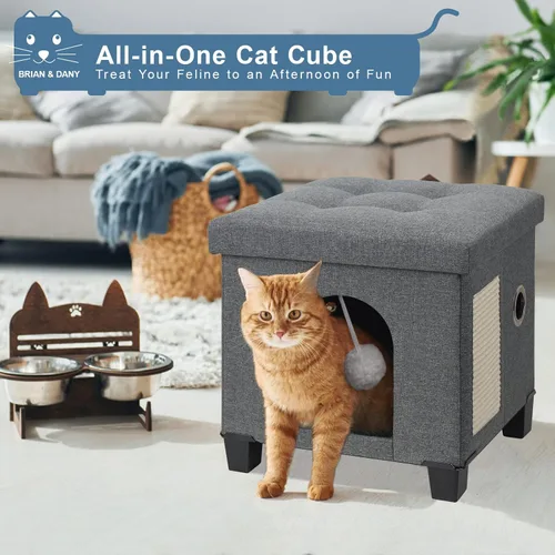 Miniatura 6 de BRIAN & DANY Casa plegable para gatos, cueva para gatos, cubo para gatos con tablero de rascar y bola, 14.7 x 14.1 x 12.7 pulgadas, gris