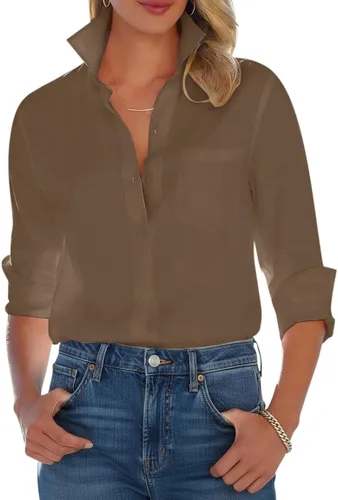 Miniatura 17 de Camisas con botones para mujer, camisa de vestir de manga larga, sin arrugas, con cuello, camisa de trabajo, casual, blusa de oficina